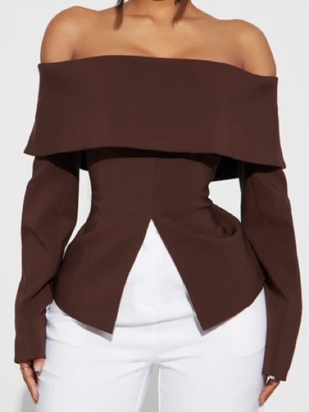 Fashion Nova Chocolate Brown Off-Shoulder Pleated Skater Skirt